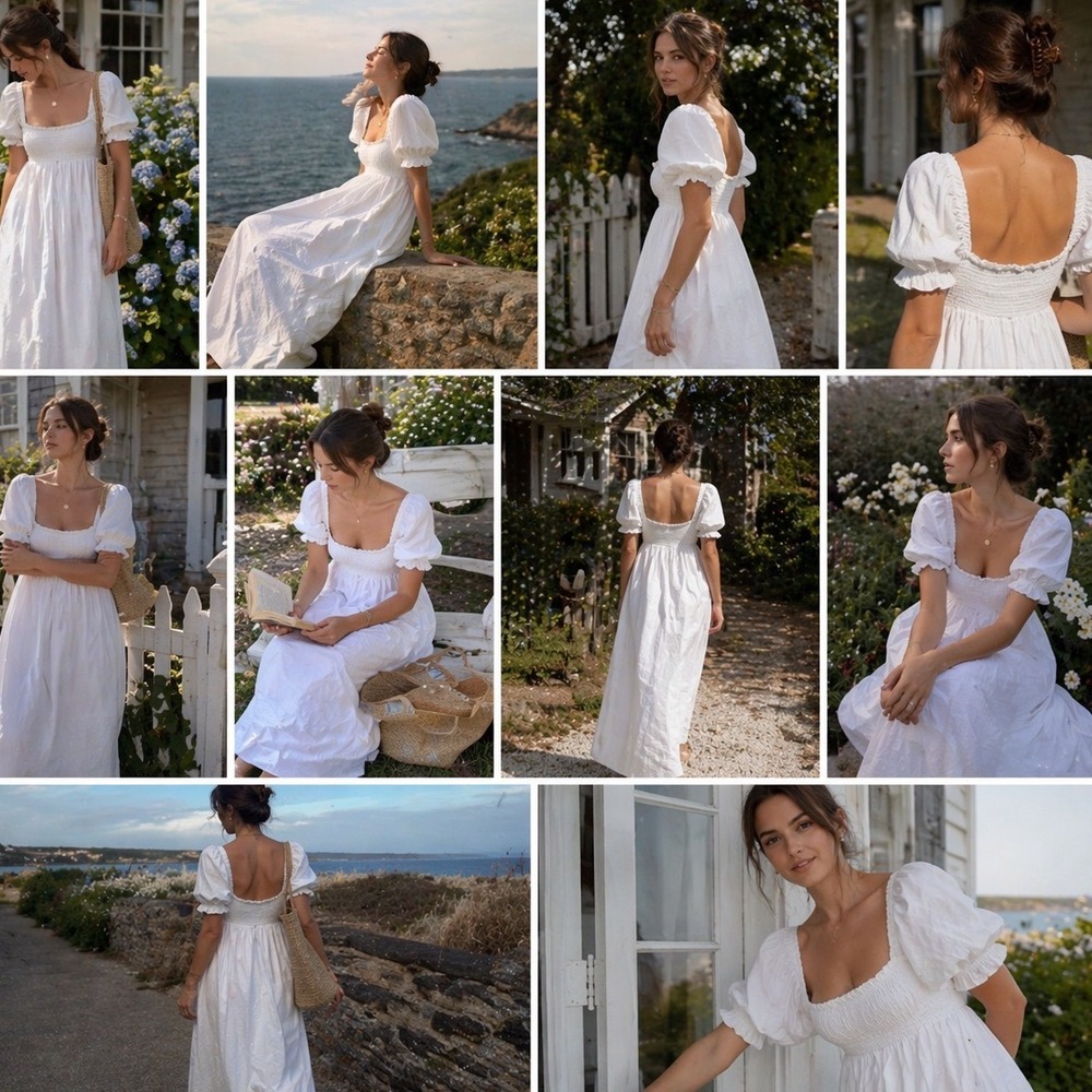 Rhode Resort Harper White Cotton Smocked Maxi Dress Empire Waist Puff‎ Sleeve SM
